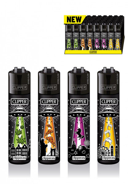 Feuerzeuge der Marke Clipper alle vier Motive werden abgebildet in einem Display in der klassischen Farbe gleb