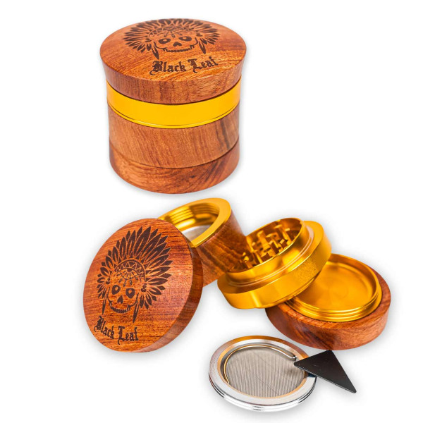 Black Leaf Grinder mit Indianer aus Holz außen und innen mit golden Alu