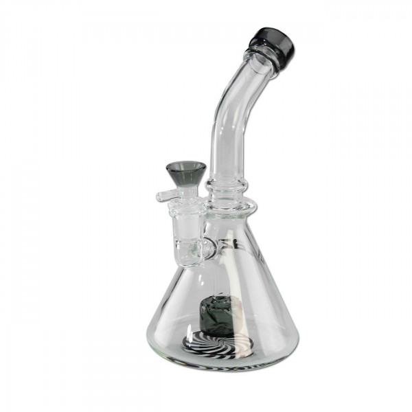 Graue Farbakzente verziehen die Bong am Köpfchen, Perkolator und Mundstück. Hergestellt aus Borosilikatglas und somit sehr hitze beständig.