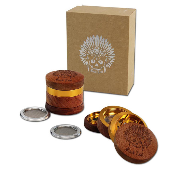 Black Leaf Grinder mit Indianer aus Holz außen und innen mit golden Alu