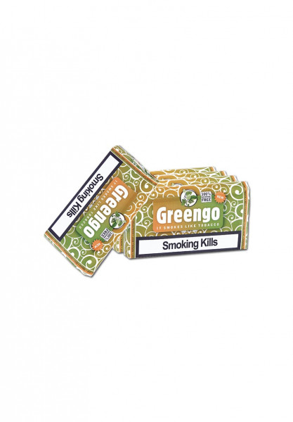 Der erste Tabaersatz auf dem Markt ohne Nikotin. Greengo Verpackung in einem grünen weißem Look.