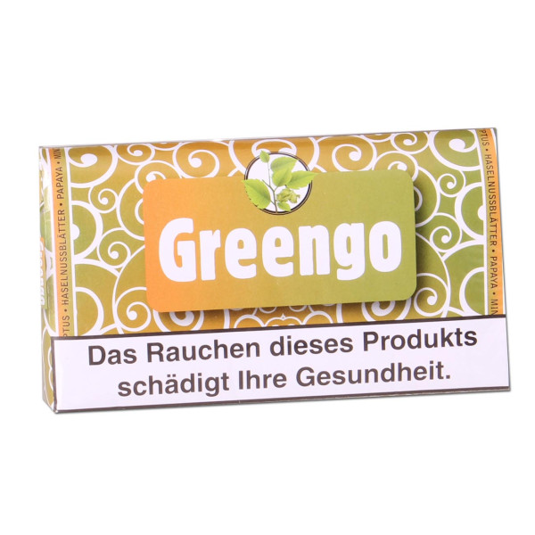 Der erste Tabakersatz auf dem Markt ohne Nikotin. Greengo Verpackung in einem grünen weißem Look.